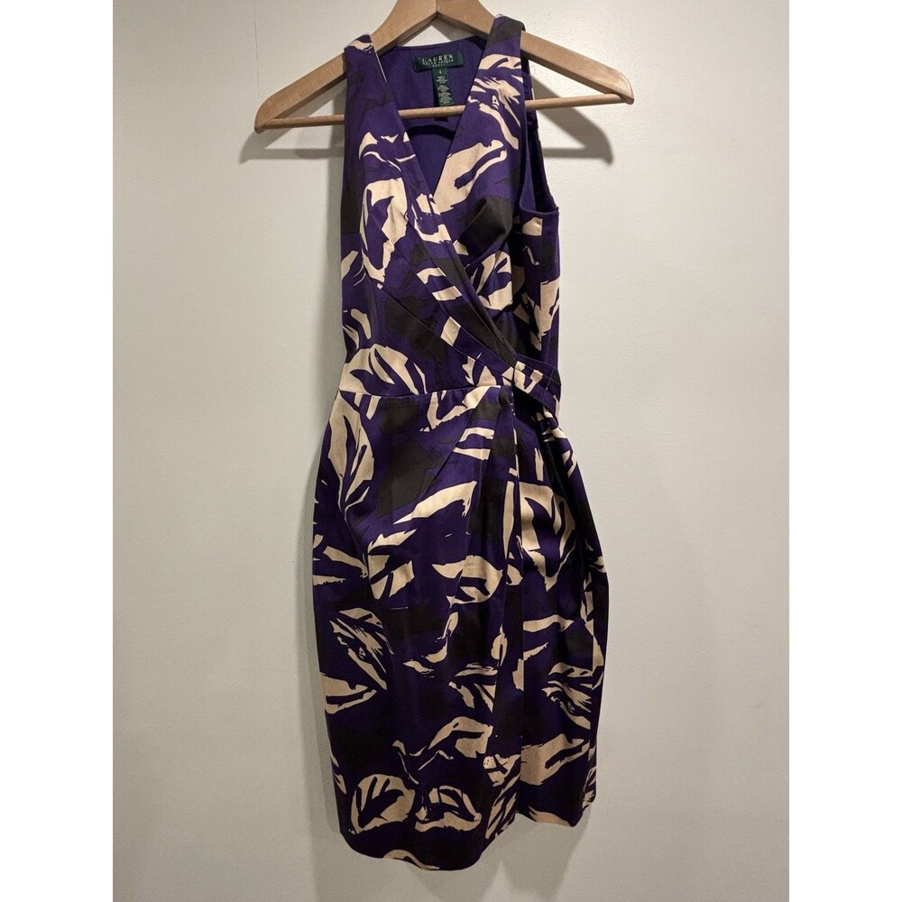 Ralph Lauren Dress Sz 4 Wrap Sleeveless Midi Purple Beige Classic Old Money